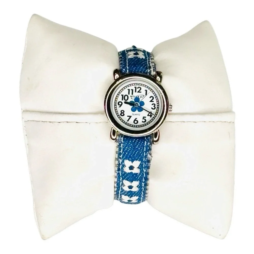 Y2K Milan II Blue Denim Embroidered Flower Strap Watch 056-PC Kids Girls